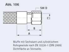 Muffe mit Sechskant und zylindrischem Rohrgewinde nach EN 10226-1 (DIN 2999) Dichtfläche an Stirnseite.