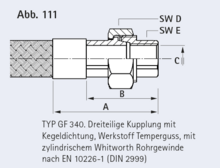 TYP GF 340. Dreiteilige Kupplung mit  Kegeldichtung, Werkstoff Temperguss, mit zylindrischem Whitworth Rohrgewinde nach EN 10226-1 (DIN 2999)